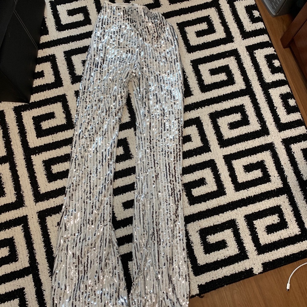 Silver sequin high waisted flare pants